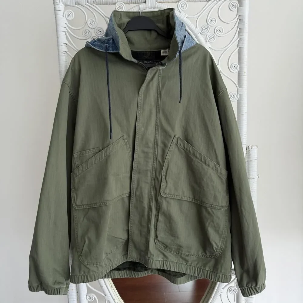 Levi's Premium‎ Jacket Mens XL Green Hooded Work Pocket Canvas Military Utility
